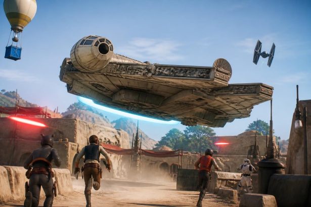 Fortnite Millennium Falcon Smugglers Run Smugglers Gambit adasında uzay limanını keşfeden oyuncular